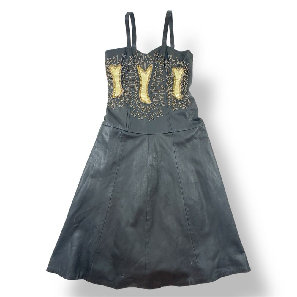 Vintage Leather Corset Dress M Black Gold Embellished Gothic Drop Waist Midi